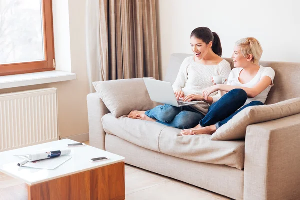 Deux femmes gaies utilisant un ordinateur portable — Photo