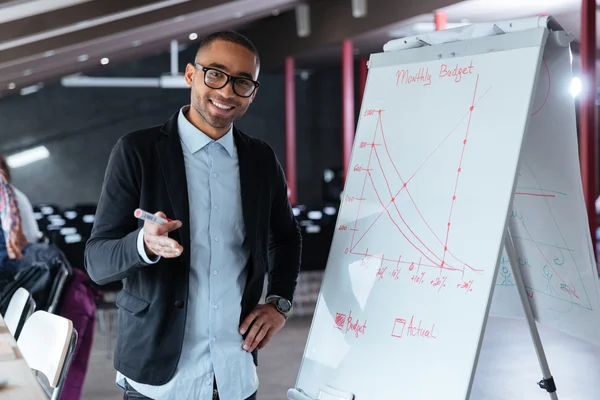 Homme d'affaires faisant une présentation en utilisant un tableau à feuilles mobiles dans le bureau — Photo