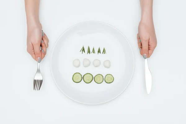Вид сверху на тарелку с огурцом, моцареллой и зеленью — стоковое фото