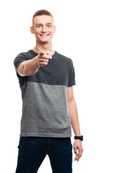 Happy casual man pointing finger at camera — Stock Photo, Image