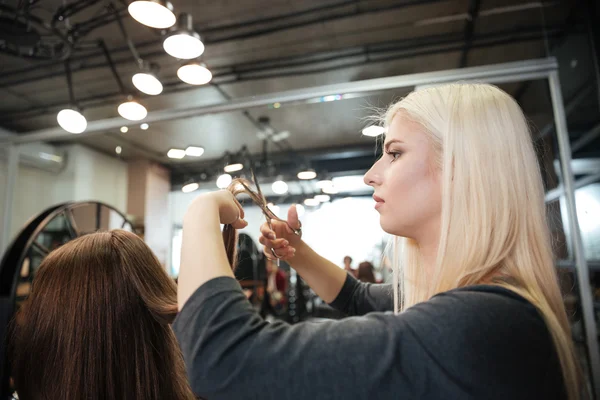 Женский парикмахер стрижет волосы клиентки в салоне красоты — стоковое фото