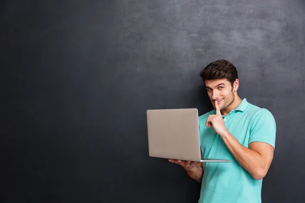 Улыбающийся молодой человек, использующий ноутбук и показывающий жест молчания — стоковое фото