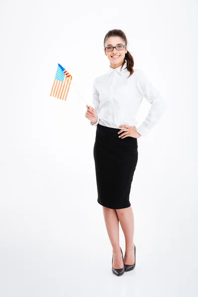 Glückliche junge Geschäftsfrau mit der Flagge der Vereinigten Staaten von Amerika — Stockfoto