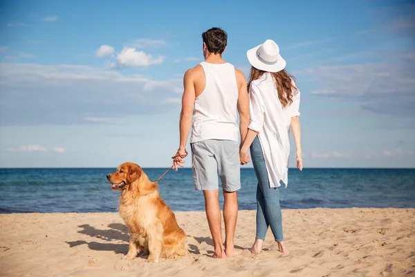Bakifrån av par promenader med hunden på stranden — Stockfoto