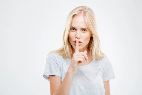 Mujer rubia bonita mostrando el dedo sobre los labios —  Fotos de Stock