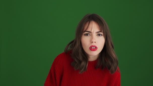 Good Looking Woman Red Sweater Looking Something Someone Finally Find — Stock Video