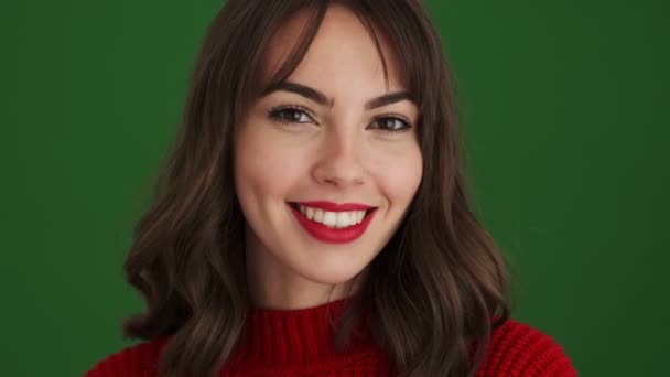 Close View Happy Woman Red Sweater Posing Camera Standing Isolated — Stock Video