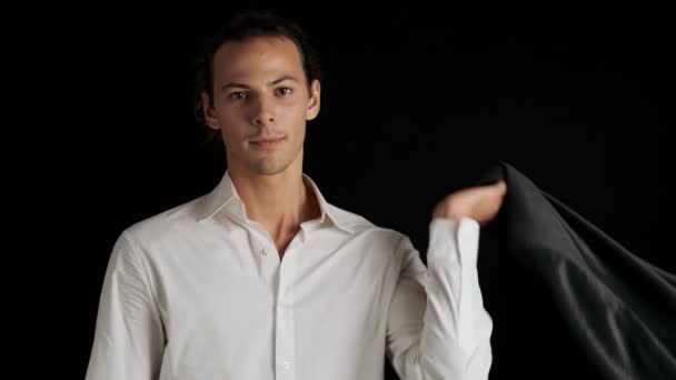 Young Positive Man Suit Showing Thumbs Gesture Isolated Black Background — Stock Video