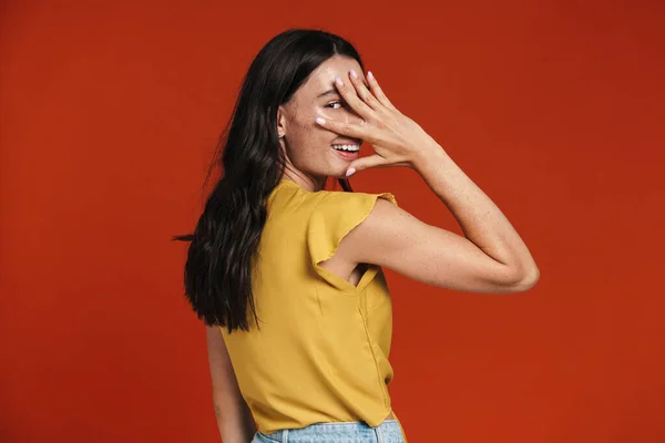 Image Caucasian Happy Woman Smiling Covering Her Face Isolated Red — Stock Photo, Image