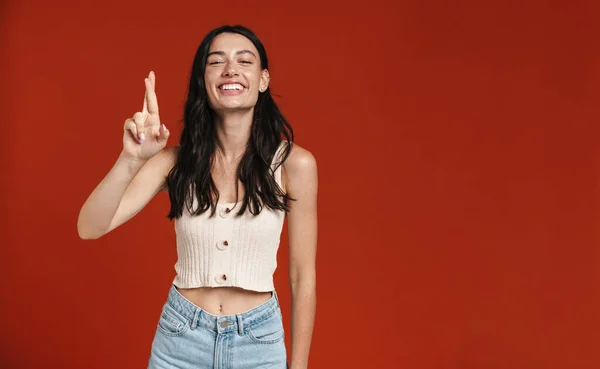 Image Young Happy Woman Holding Fingers Crossed Good Luck Isolated — Stock Photo, Image