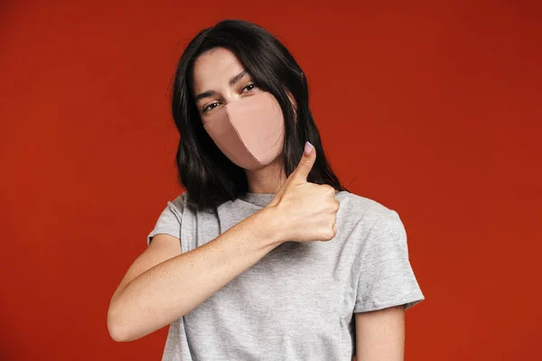 Image Caucasian Woman Face Mask Showing Thumb Camera Isolated Red — Stock Photo, Image