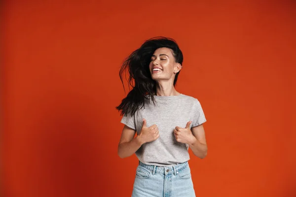 Image Beautiful Happy Woman Showing Thumbs Shaking Her Hair Isolated — Stock Photo, Image