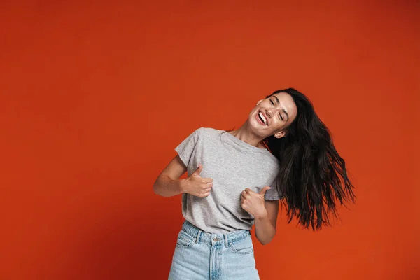 Imagen Una Hermosa Mujer Feliz Mostrando Los Pulgares Hacia Arriba —  Fotos de Stock