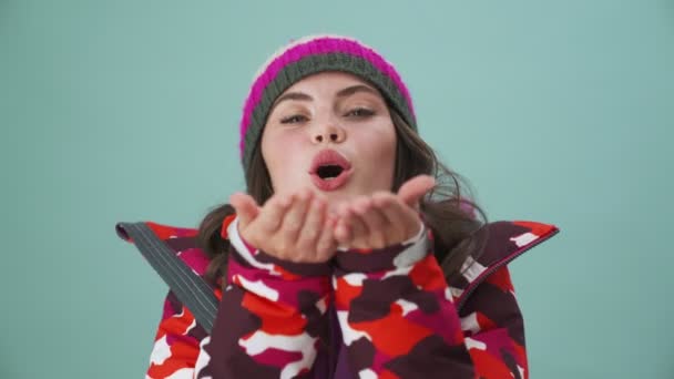 Close View Pleased Young Woman Wearing Winter Clothes Sending Air — Stock Video