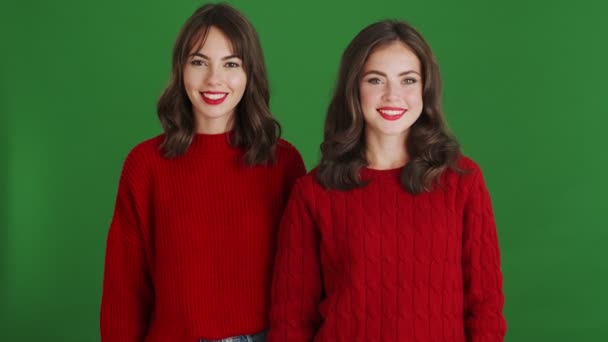 Twee Verrassende Meisjes Met Rode Truien Kijken Naar Elkaar Terwijl — Stockvideo