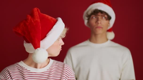 Young Offended Sad Cute Girl Her Brother Background Christmas Santa — Stock Video