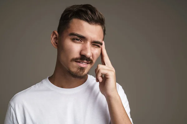 Image Gars Malheureux Non Rasé Avec Des Maux Tête Frottant — Photo