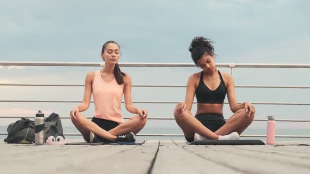 Junge Schöne Sportlerinnen Meditieren Gemeinsam Freien Strand — Stockvideo