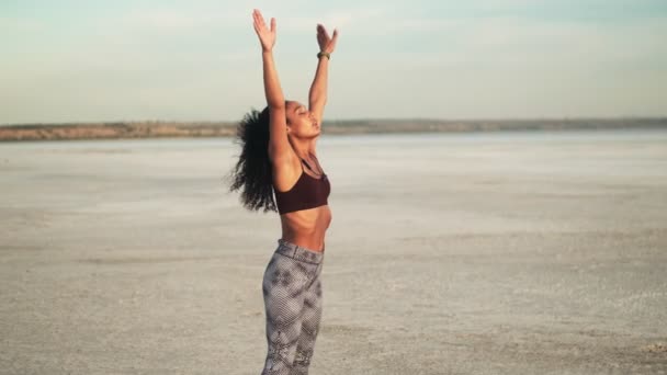 Una Hermosa Joven Afroamericana Usando Ropa Deportiva Está Haciendo Ejercicios — Vídeos de Stock