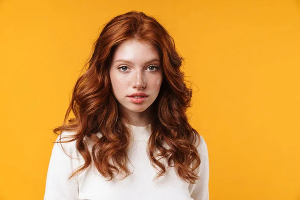 Image Ginger Beautiful Girl Posing Looking Camera Isolated Yellow Background — Stock Photo, Image