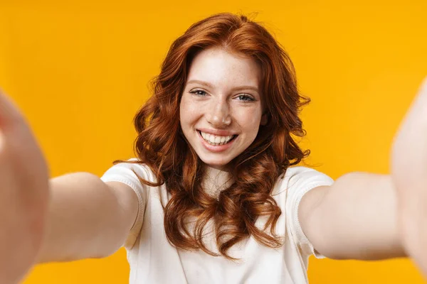 Image Redhead Cheerful Girl Smiling Taking Selfie Photo Isolated Yellow — Stock Photo, Image