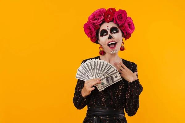 Lachendes Junges Mädchen Halloween Make Posiert Mit Dollars Isoliert Über — Stockfoto