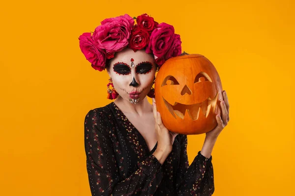 Incroyable Jeune Fille Dans Halloween Maquillage Grimacant Tout Posant Avec — Photo