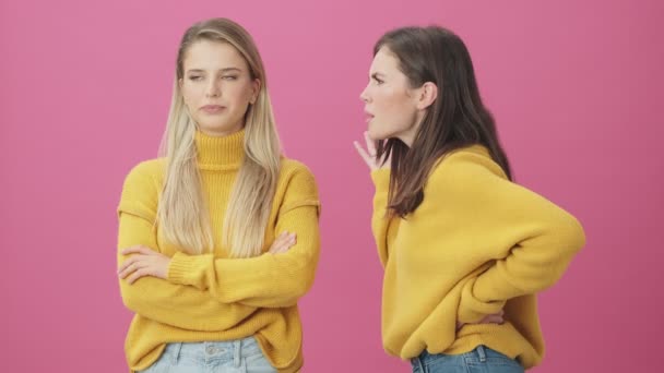 Uma Mulher Morena Usando Suéter Amarelo Está Repreendendo Outra Mulher — Vídeo de Stock