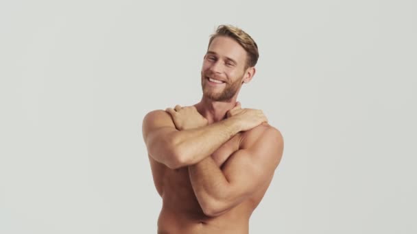 Sexy Half Naked Blonde Man Posing Camera Standing Isolated Grey — Stock Video