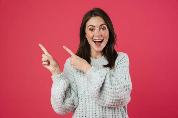 Image Excited Beautiful Girl Pointing Fingers Aside Isolated Pink Background — Stock Photo, Image