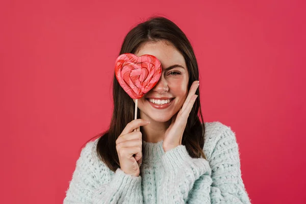 Image Excited Brunette Girl Making Fun Lollipop Isolated Pink Background — Stock Photo, Image