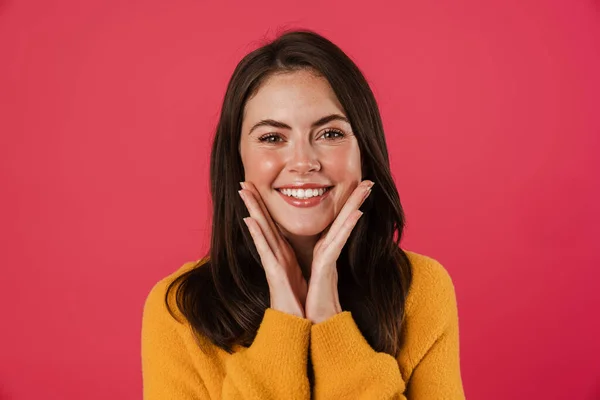 Image Happy Beautiful Girl Posing Smiling Camera Isolated Pink Background — Stock Photo, Image