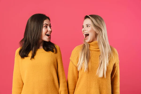 Retrato Dos Jóvenes Amigas Felices Paradas Sobre Fondo Rosa Mirándose —  Fotos de Stock