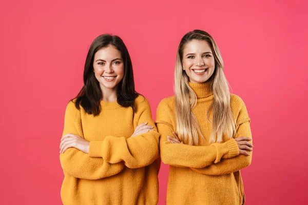 两个年轻快乐的女性朋友站在粉红的背景上 双臂交叉的画像 — 图库照片