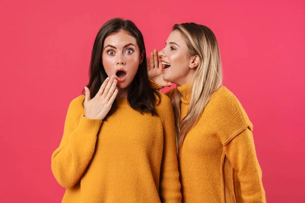 Image Beautiful Woman Whispering Secret Shocked Her Friend Isolated Pink — Stock Photo, Image