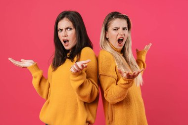 Pembe arka planda sırt sırta verip kavga eden öfkeli güzel kadınların görüntüsü.