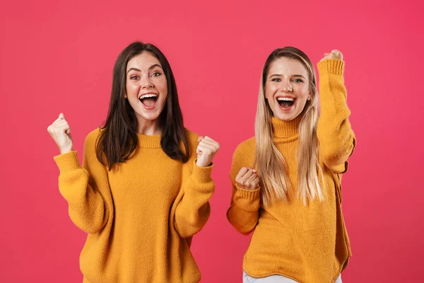 Bilde Glade Vakre Kvinner Som Skriker Gjør Vinnerbevegelser Isolert Rosa – stockfoto