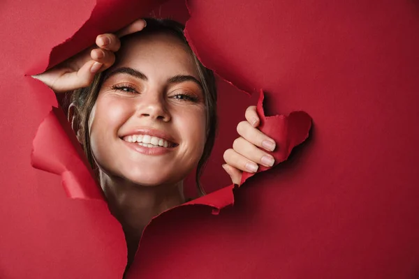 Caucasian Young Happy Woman Smiling Looking Camera Red Background Isolated — Stock Photo, Image