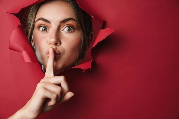 Blank Jong Brunette Gelukkig Vrouw Gebaren Stil Teken Met Vinger — Stockfoto