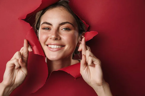 Caucasian Young Happy Woman Smiling Making Wish Fingers Crossed Isolated — Stock Photo, Image