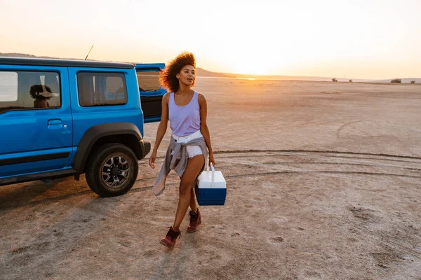 Afbeelding Van Mooie Afrikaanse Amerikaanse Vrouw Wandelen Met Koelere Tas — Stockfoto