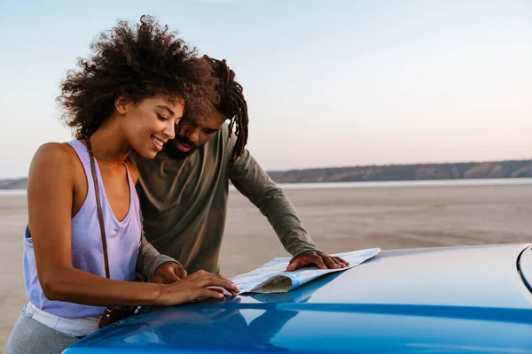 Image Joyful African American Couple Examining Map While Travelling Car — Stock Photo, Image