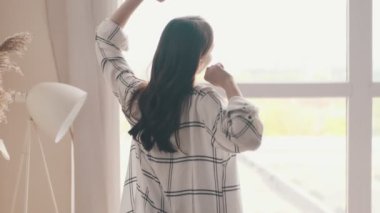 Evdeki pencereye bakan mutlu hamile kadın.