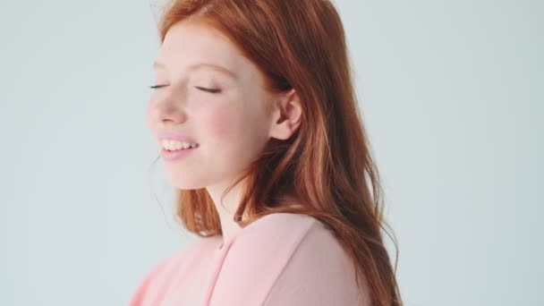 Cheerful Positive Redhead Girl Posing Isolated White Wall Background — Stock Video