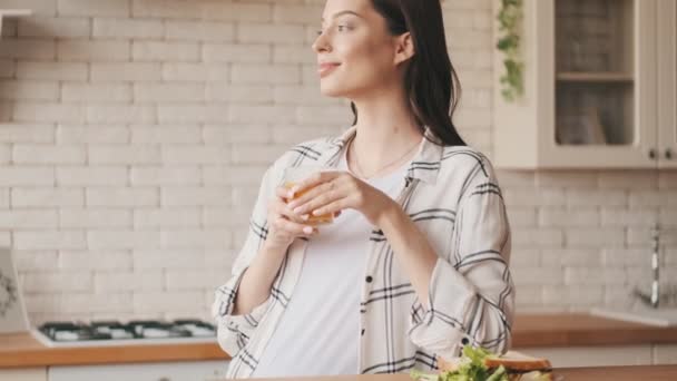 Sonriente Mujer Morena Embarazada Desayunando Bebiendo Jugo Casa — Vídeos de Stock