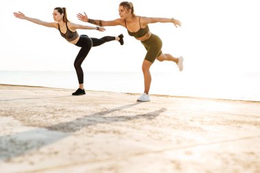 Genç, inanılmaz fitness sporu kadın arkadaşlarının dışarıda yoga egzersizleri yapmaları.