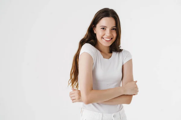 Pretty Young Smiling Woman Wearing Casual Clothes Isolated White Background — 图库照片