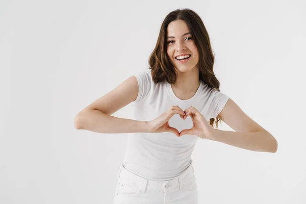 Mooie Jonge Glimlachende Vrouw Dragen Casual Kleding Geïsoleerd Witte Achtergrond — Stockfoto