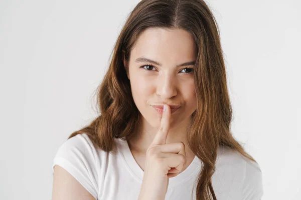 Retrato Una Joven Bonita Mostrando Gesto Silencio Aislado Sobre Fondo — Foto de Stock