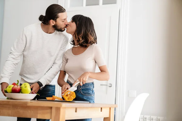 Image Cute Happy Couple Preparing Lunch While Kissing Home Kitchen — 图库照片